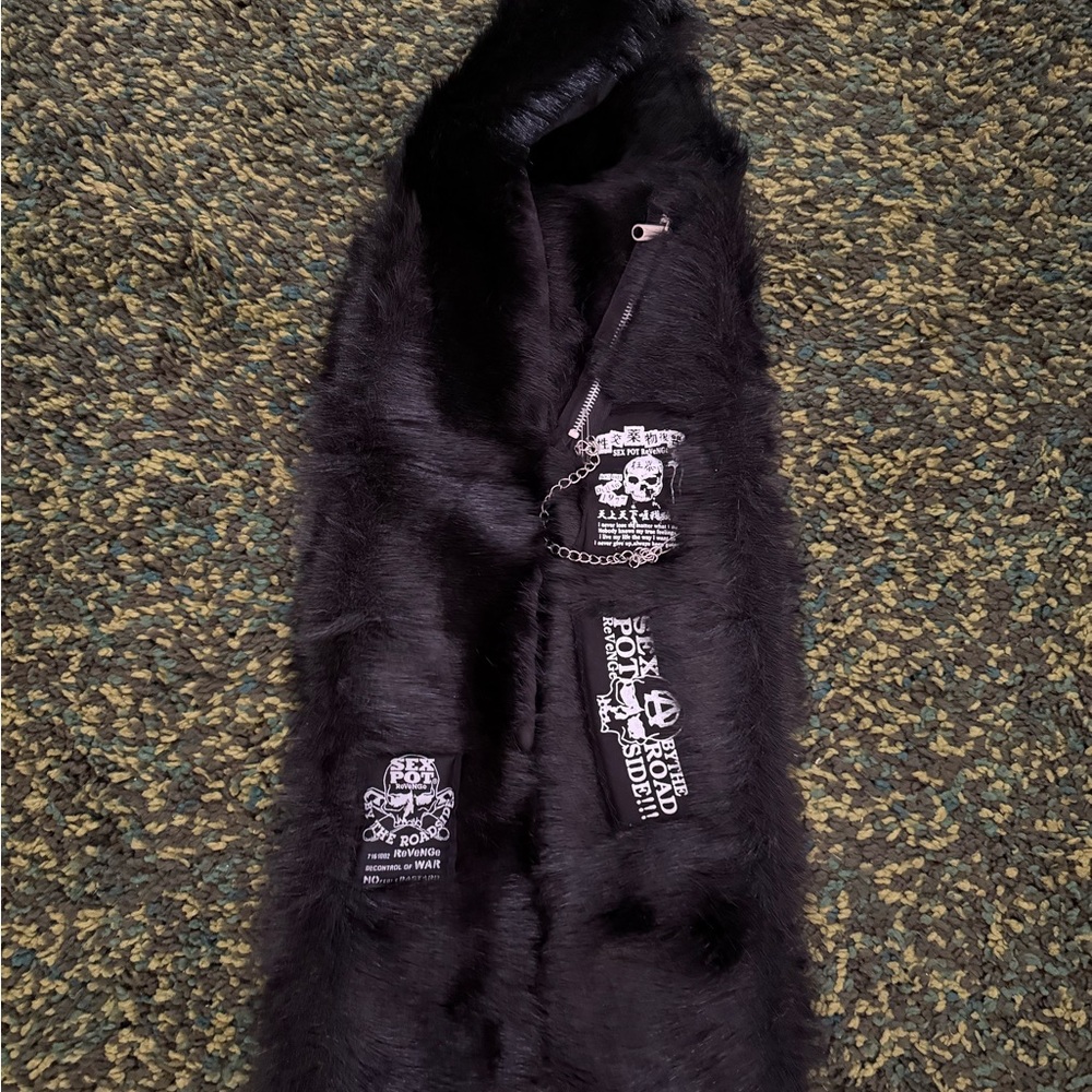 Black Faux Fur Vest with Patches